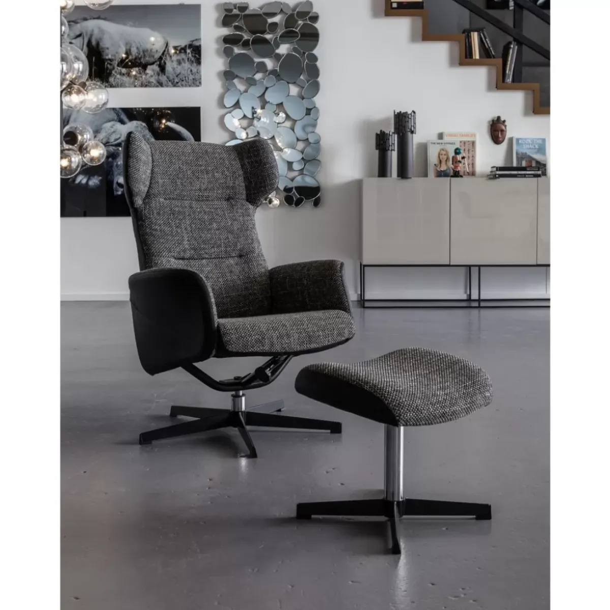 KARE Design Drehsessel Mit Hocker Ohio Salt And Pepper- Sessel